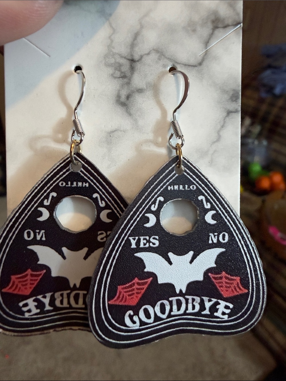 Halloween Bat Ouija Board Planchette Earrings - Black and White